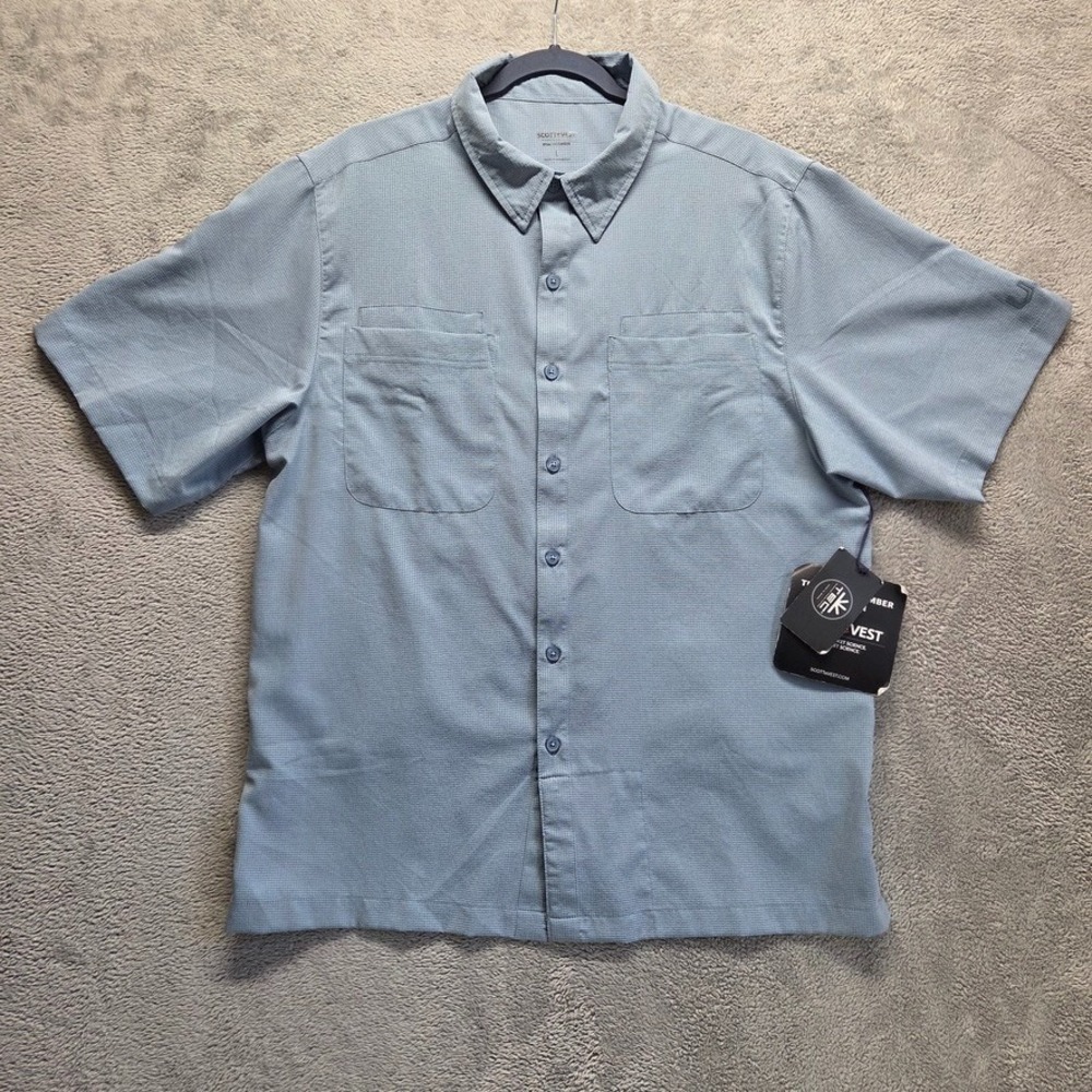 Scottevest Shirt Mens Large Blue Button Down Short Sleeve Beachcomber New